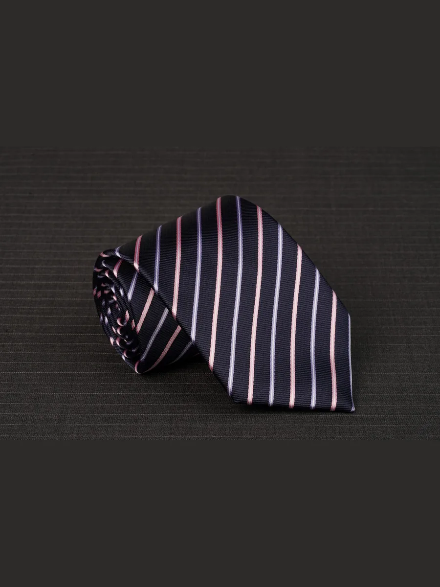 Navy Tie with Blush Pink and Lilac Diagonal Stripes