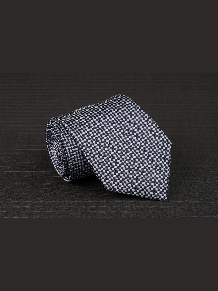 Small Check Tie in Blue-Grey and Navy with Silver Accents