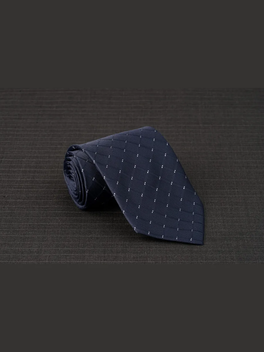 Deep Navy Necktie with Tonal Lozenge Weave and Silver Bars