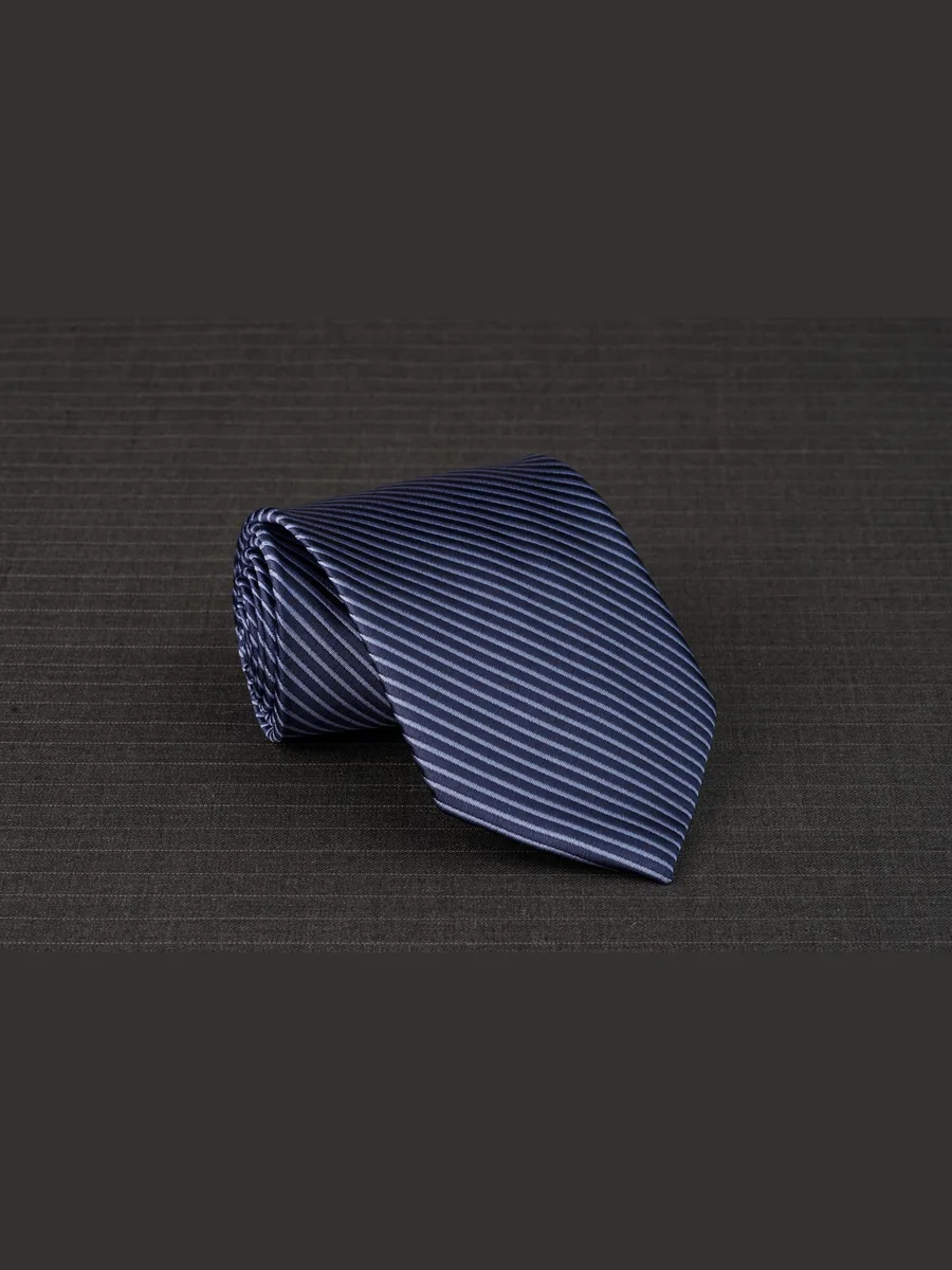 Navy Silky-Sheen Necktie with Fine Sky-Blue Stripes