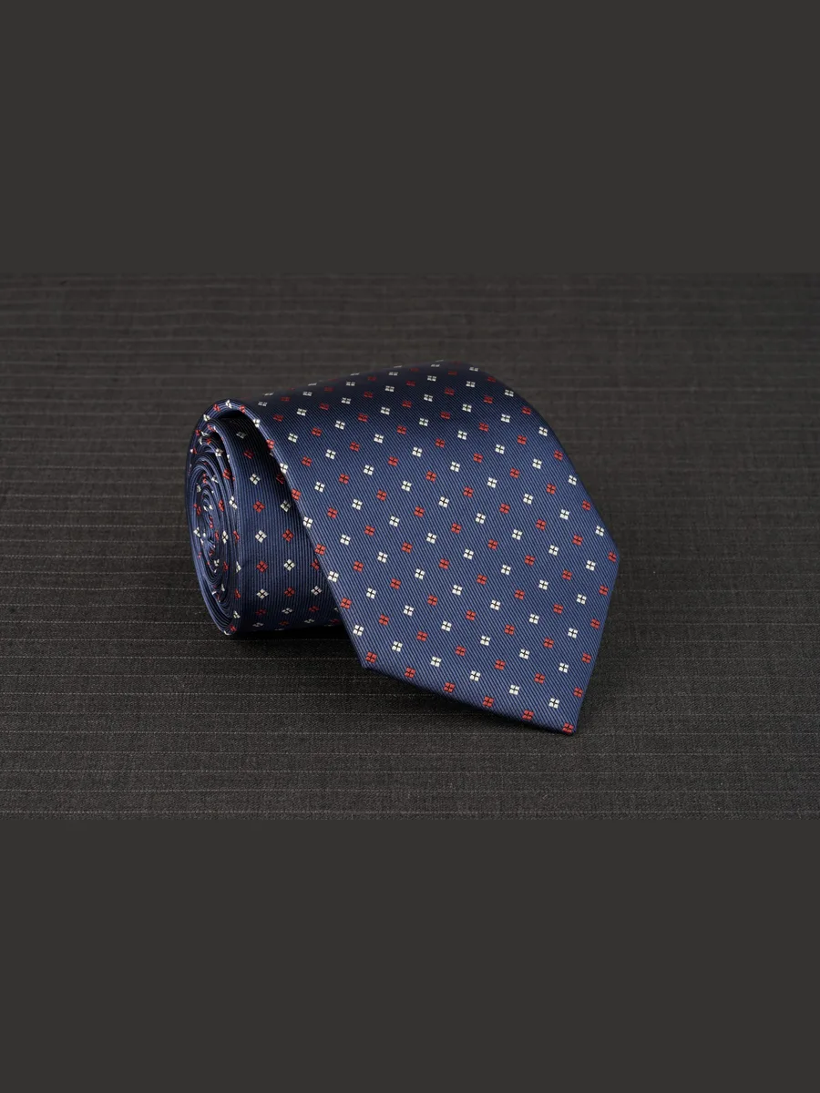 Navy Necktie with Four-Square Flower Motif in Orange-Red and Cream
