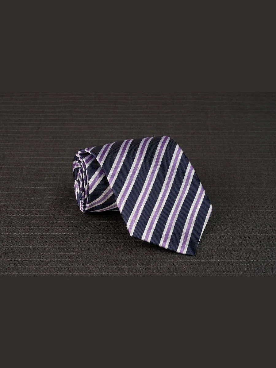 Navy Tie with Wide Lilac and White Diagonal Stripes