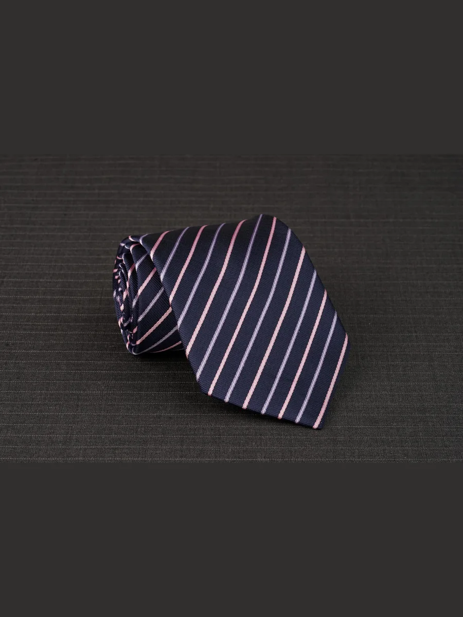 Deep Navy Tie with Fine Blush Pink and Pale Violet Stripes