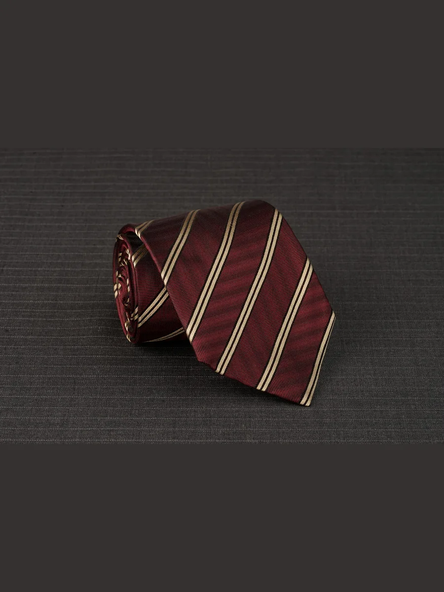 Burgundy Tie with Triple Cream-Gold Diagonal Stripes and Black Edging