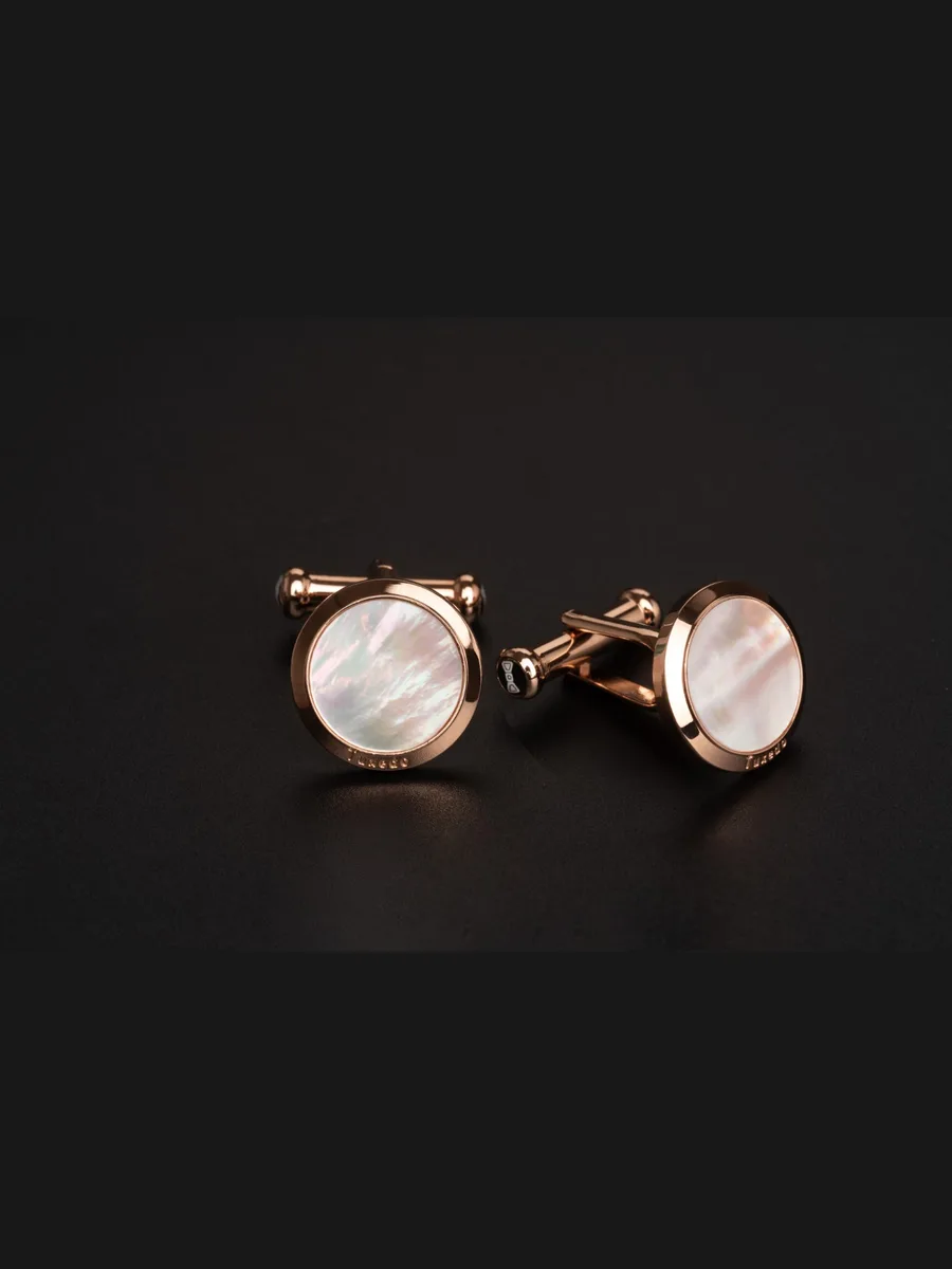 Round Rose-Gold Cufflinks with Mother-of-Pearl Face, Tuxedo Engraved