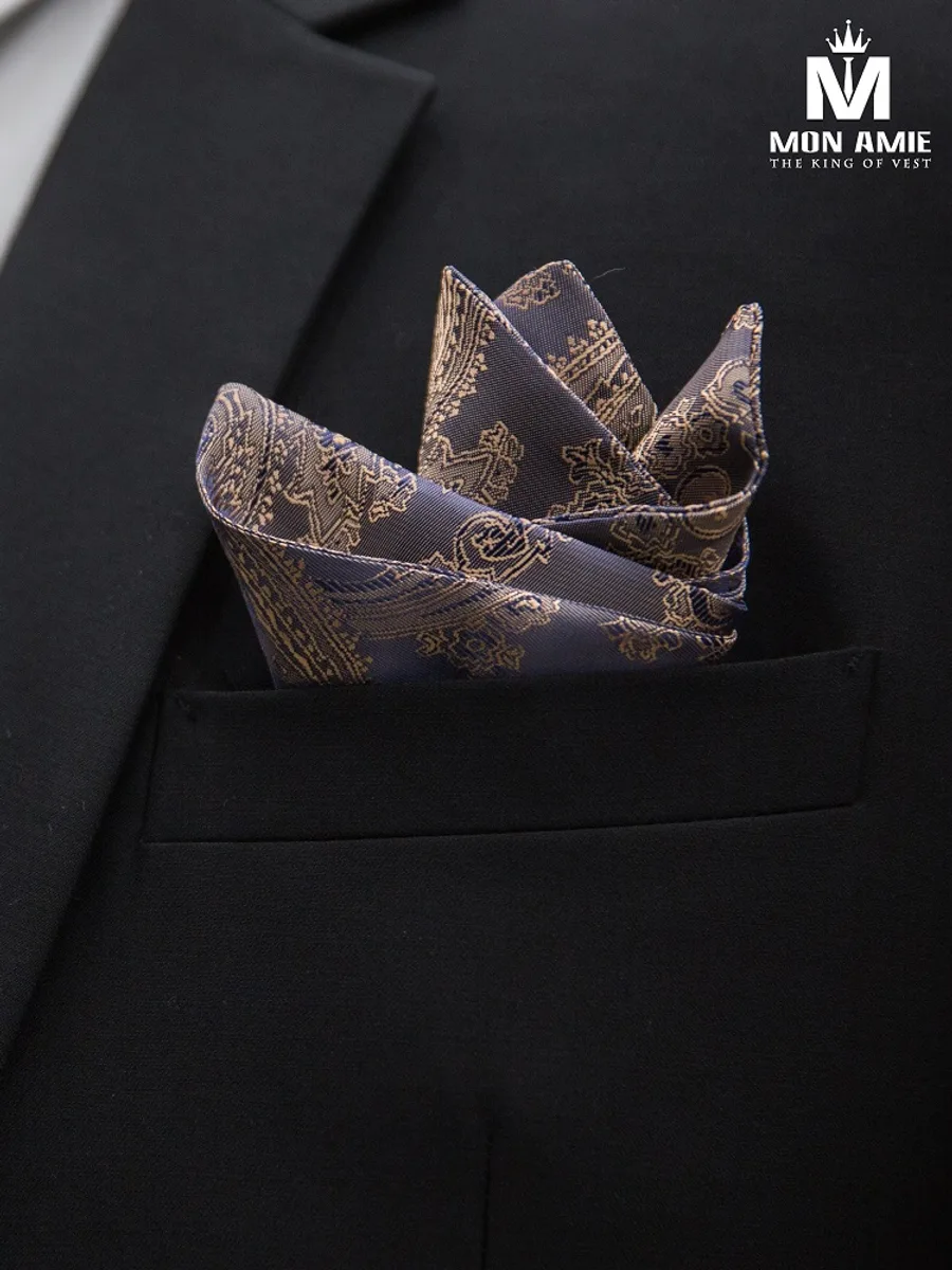 Navy Paisley Pocket Square with Bronze Gold