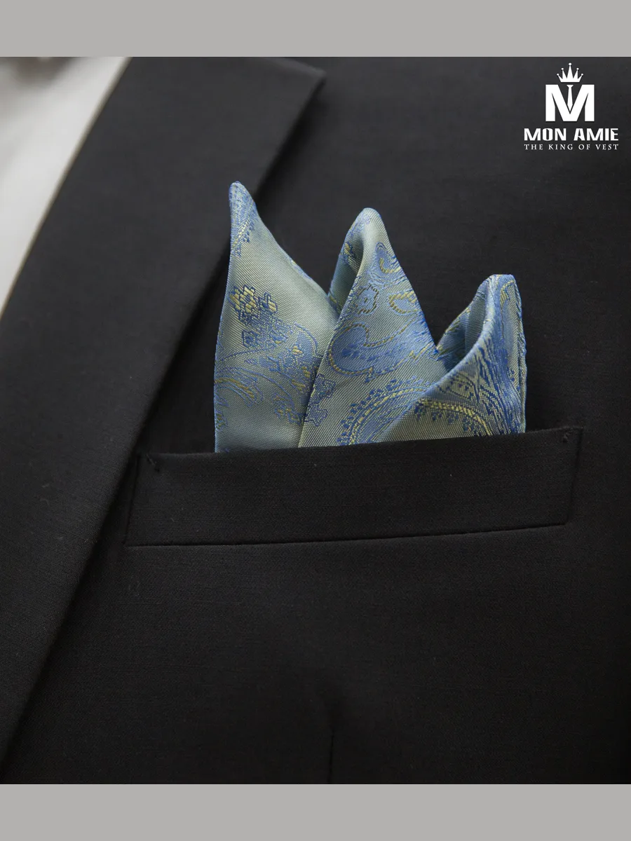 Pale Sky Blue Paisley Pocket Square with Gold