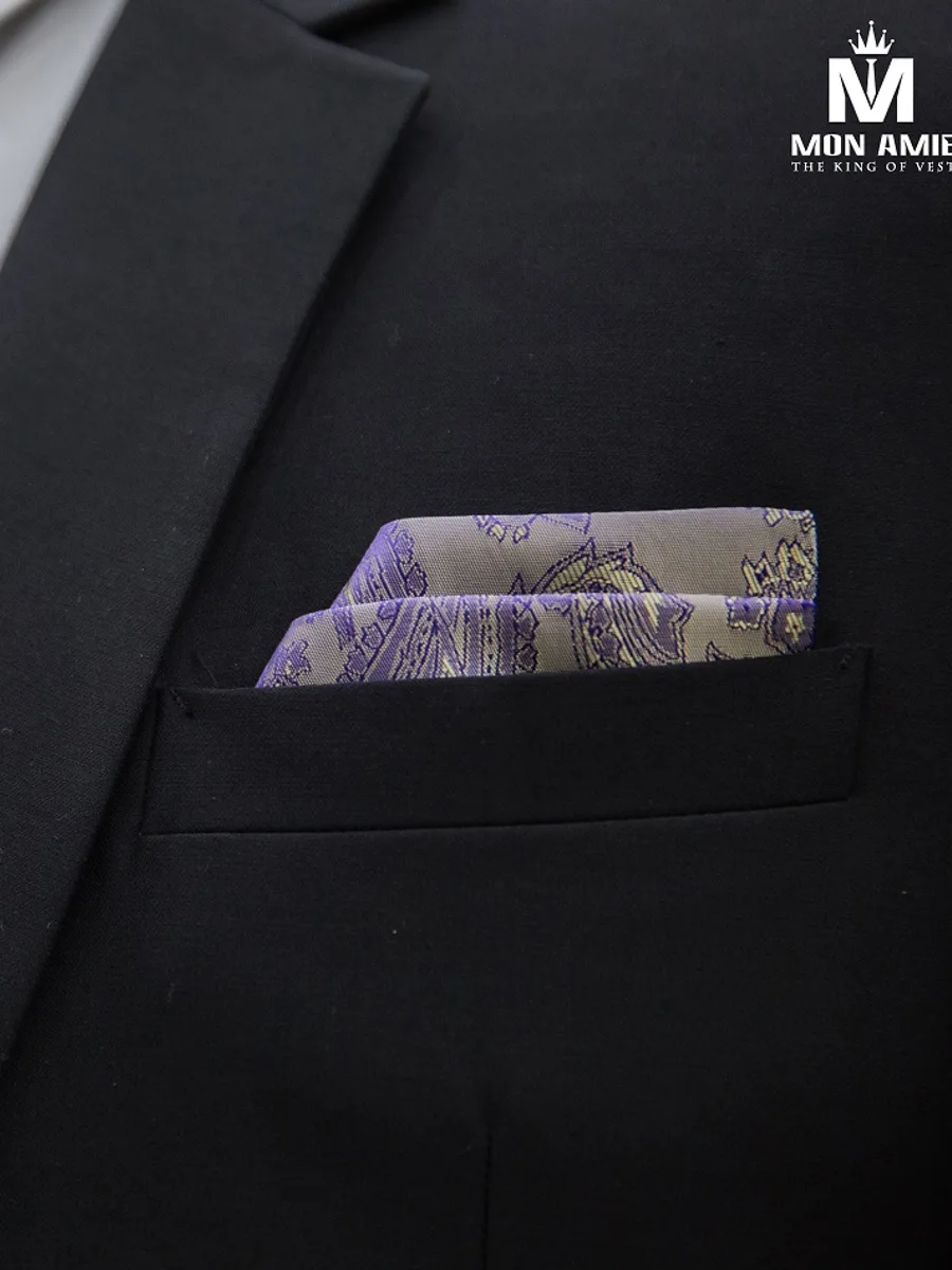 Light Greige Paisley Pocket Square with Purple and Pale Gold