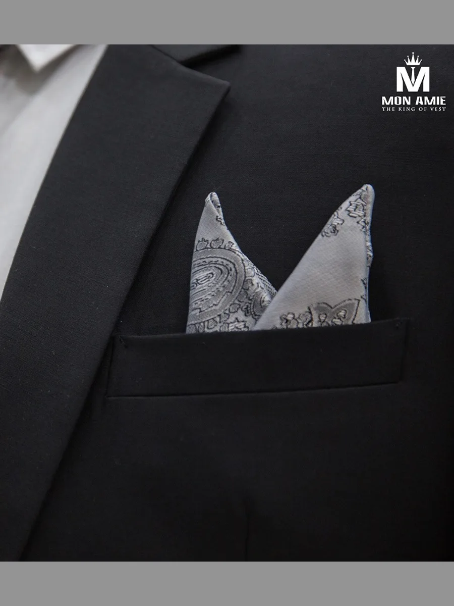 Silver Grey Paisley Pocket Square with Black Outline