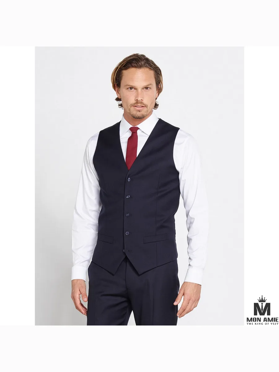 Navy Plain V-Neck Waistcoat, Two Flap Pockets