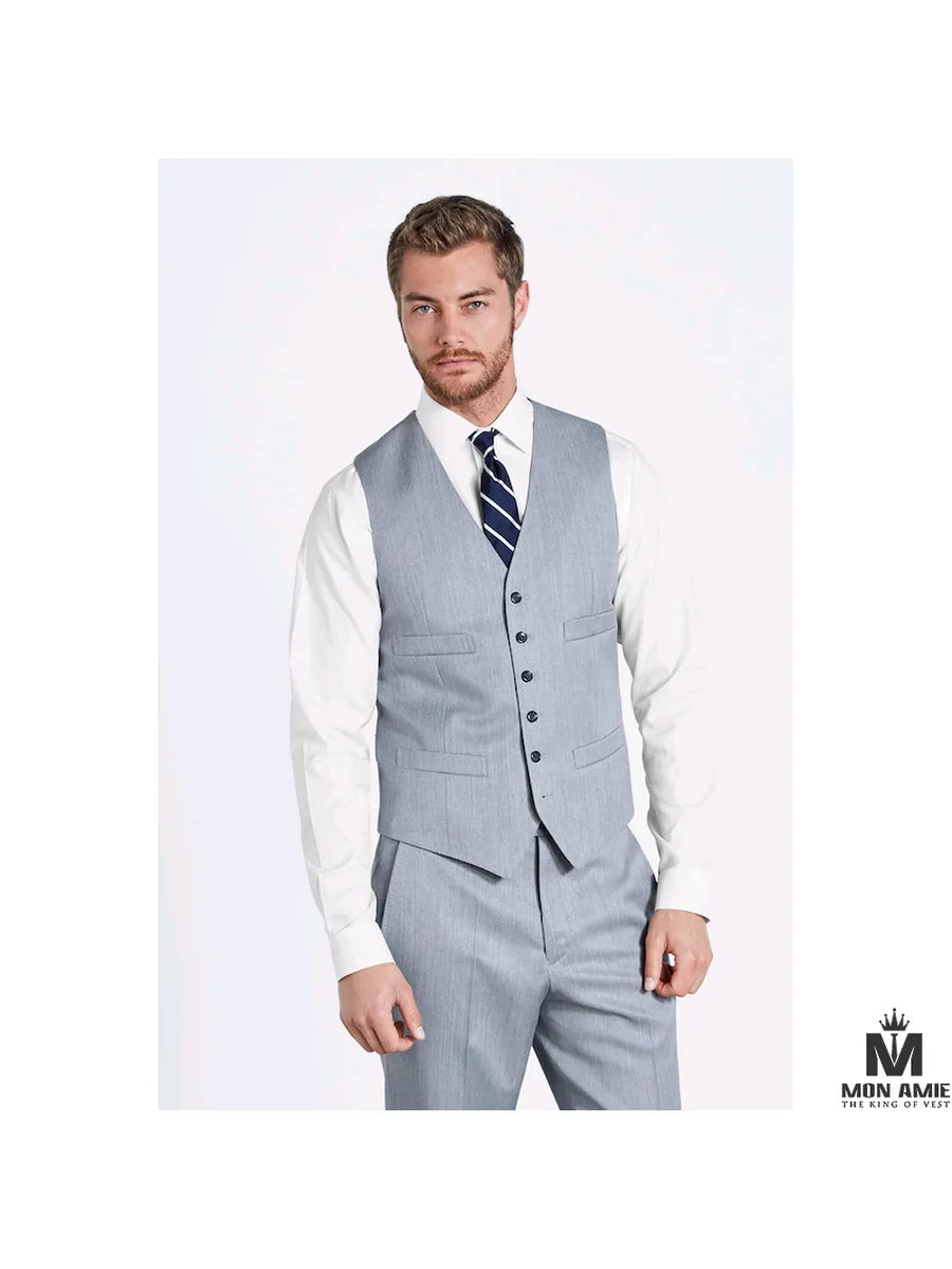 Light Grey-Blue Textured Waistcoat, Four Flap Pockets