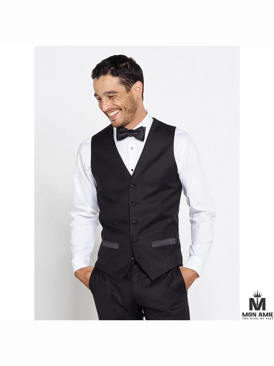 Black Tuxedo Waistcoat, Satin Buttons, Grey Satin Pocket Trim