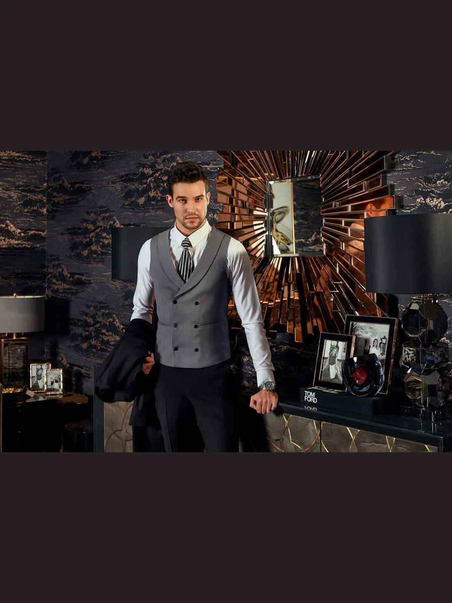 Mid-Grey Double-Breasted Waistcoat, Black Buttons