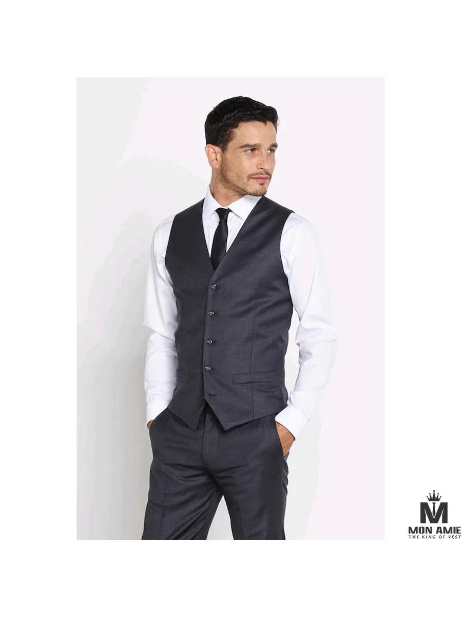 Charcoal Textured V-Neck Waistcoat, Flap Pockets