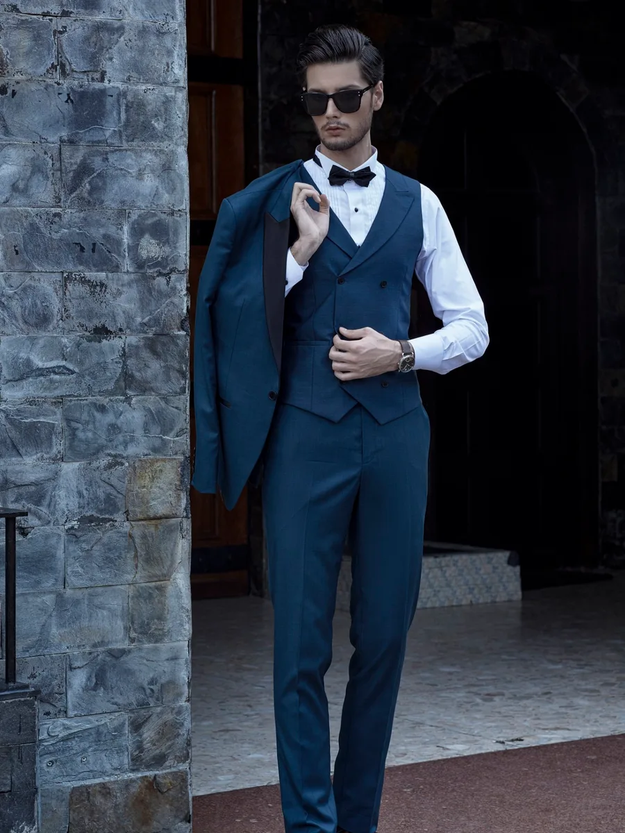Petrol Blue Double-Breasted Peak-Lapel Waistcoat