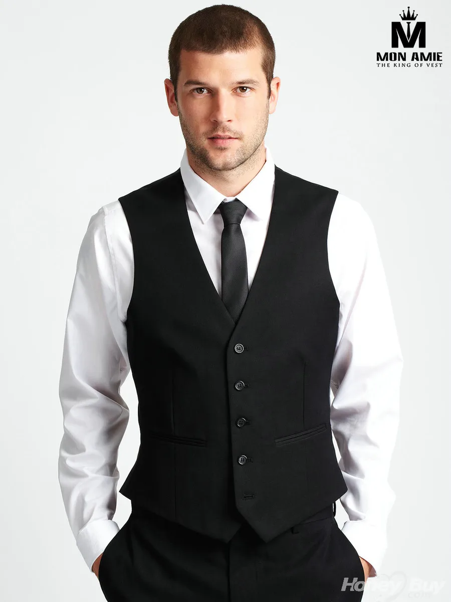 Plain Black V-Neck Waistcoat, Welt Pockets