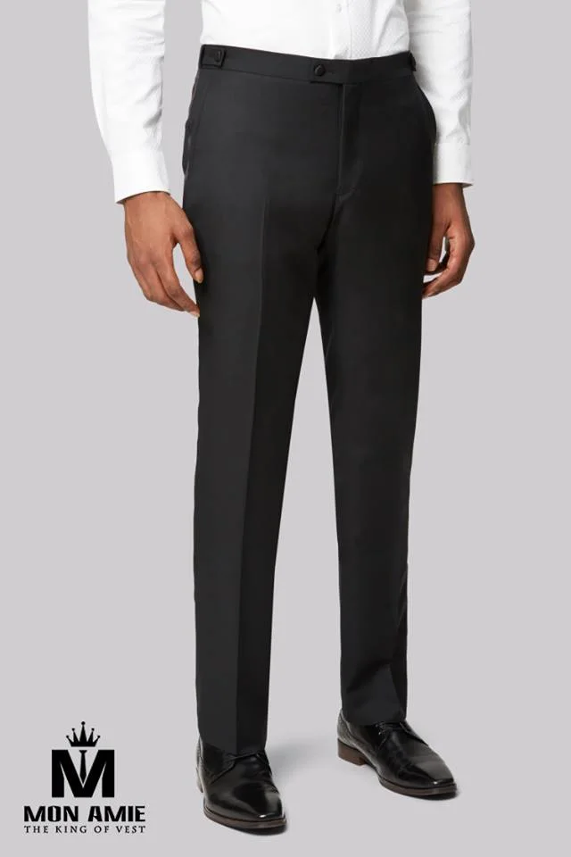 Quần tây đen kiểu tuxedo viền satin, có tăng đơ