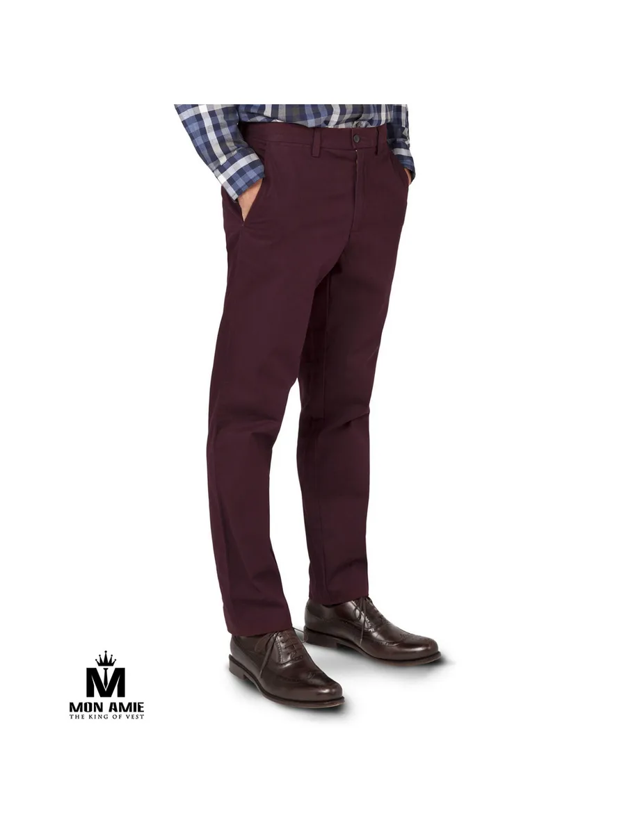 Burgundy Cotton Chino Trousers, Tapered Leg