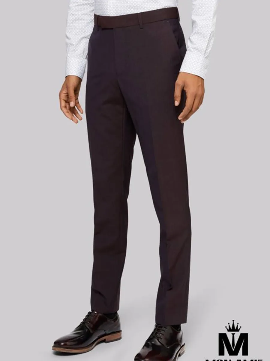 Deep Plum Slim Tapered Trousers with Wide Waistband