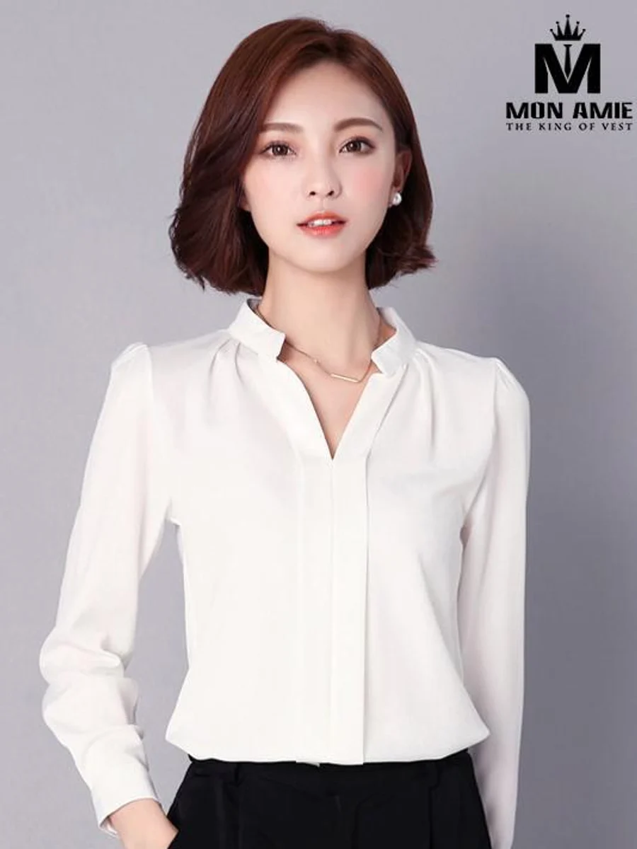 White V-Neck Office Blouse