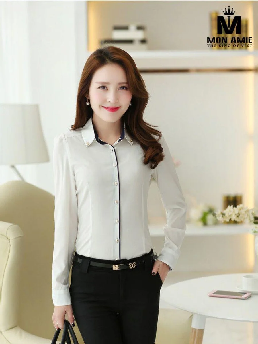 Navy-Trimmed White Blouse