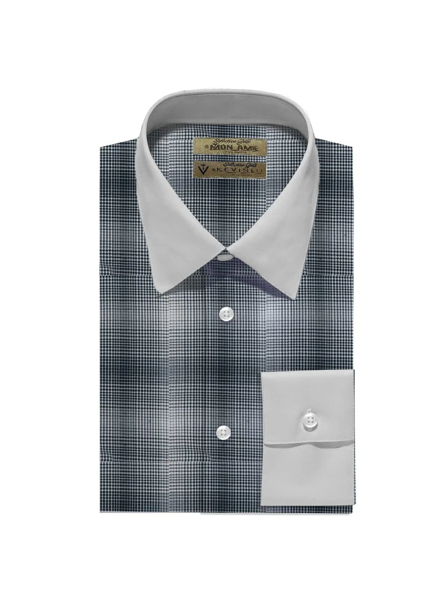Navy-Grey Ombre Pied-de-poule Shirt, Italian Collar, White Contrast