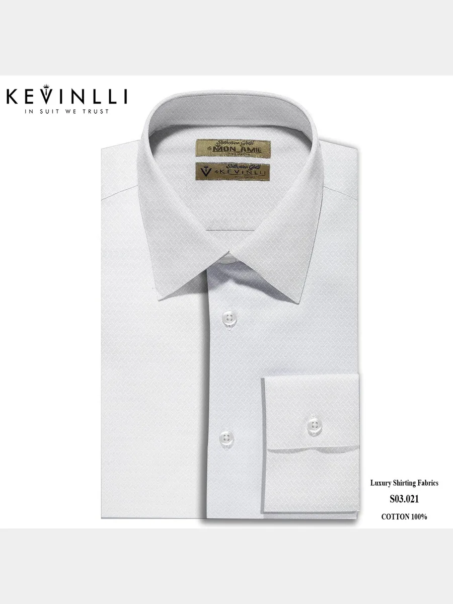 White Tonal Chevron Herringbone Shirt, Italian Collar