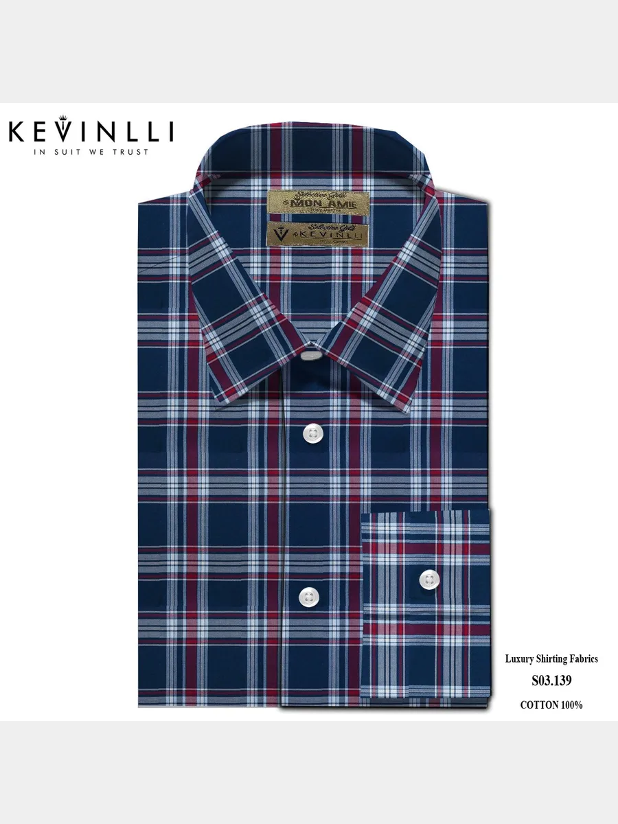 Navy Large Check Shirt with Plum, White and Pale Blue, Italian Collar