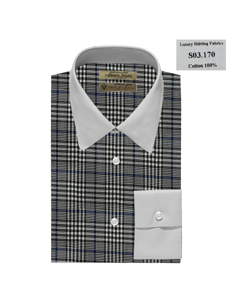 Black and White Glen Check Shirt with White Contrast Collar and Cuffs