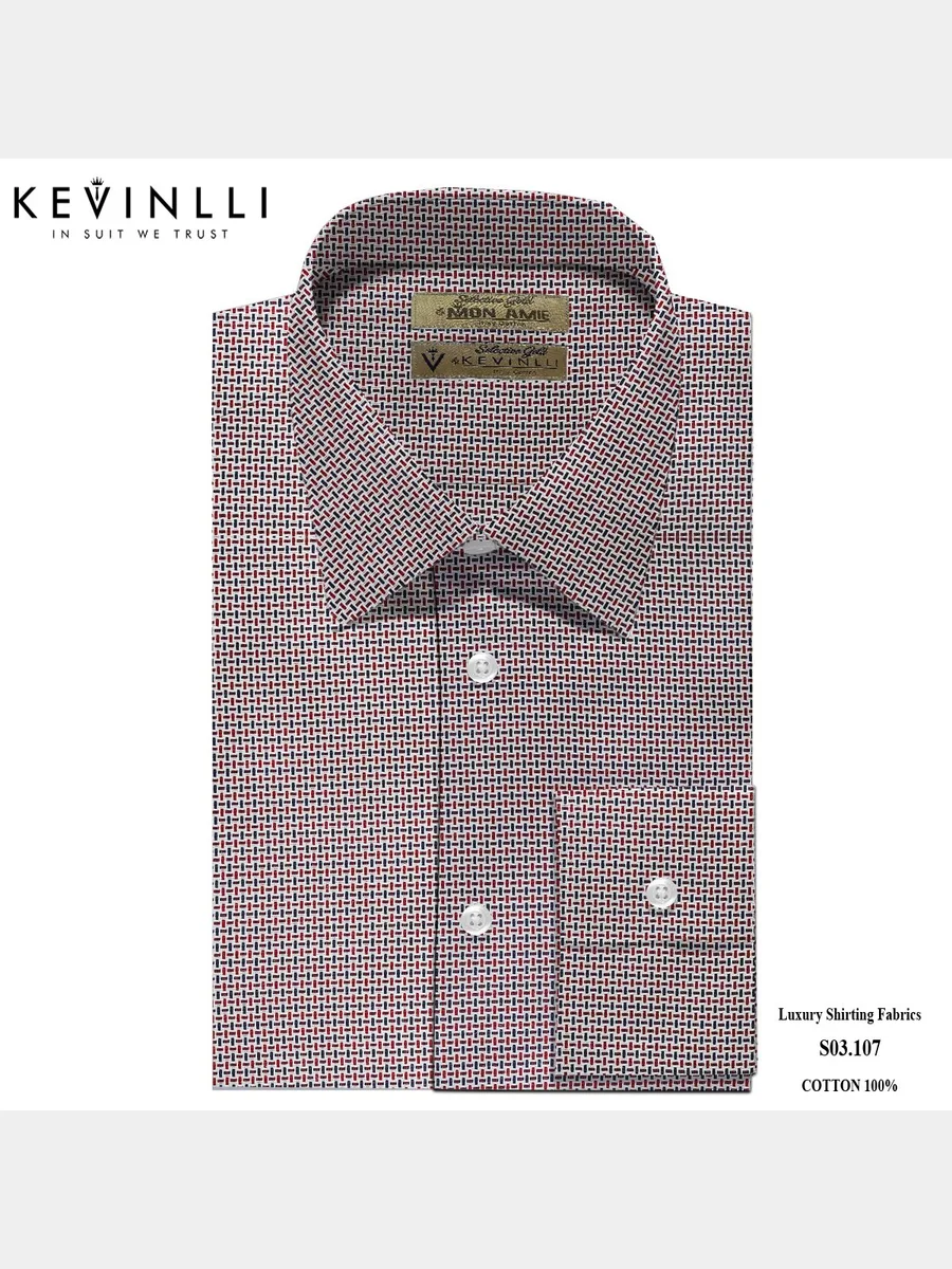 White Geometric Bar-Pattern Shirt in Plum Red and Navy, Italian Collar