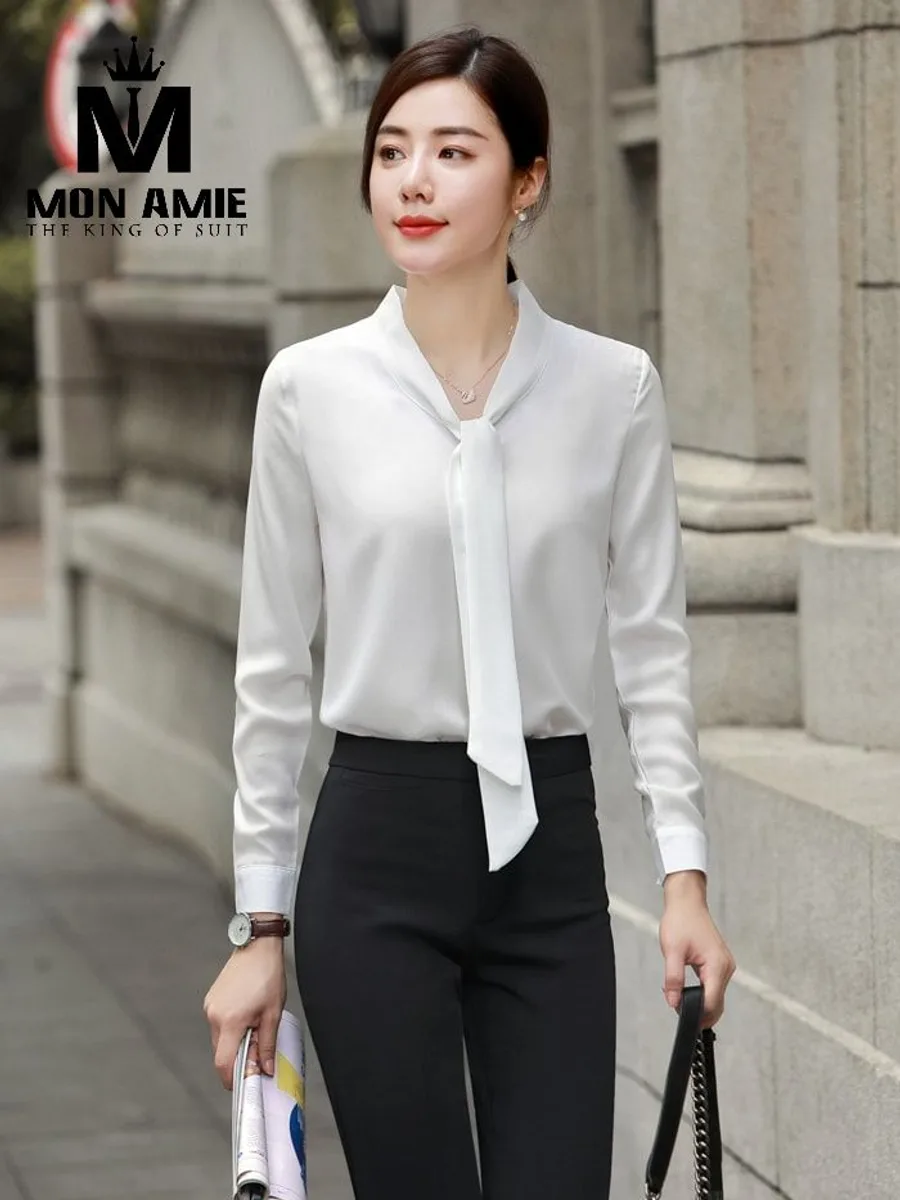 White V-Neck Blouse with Long Tie Scarf