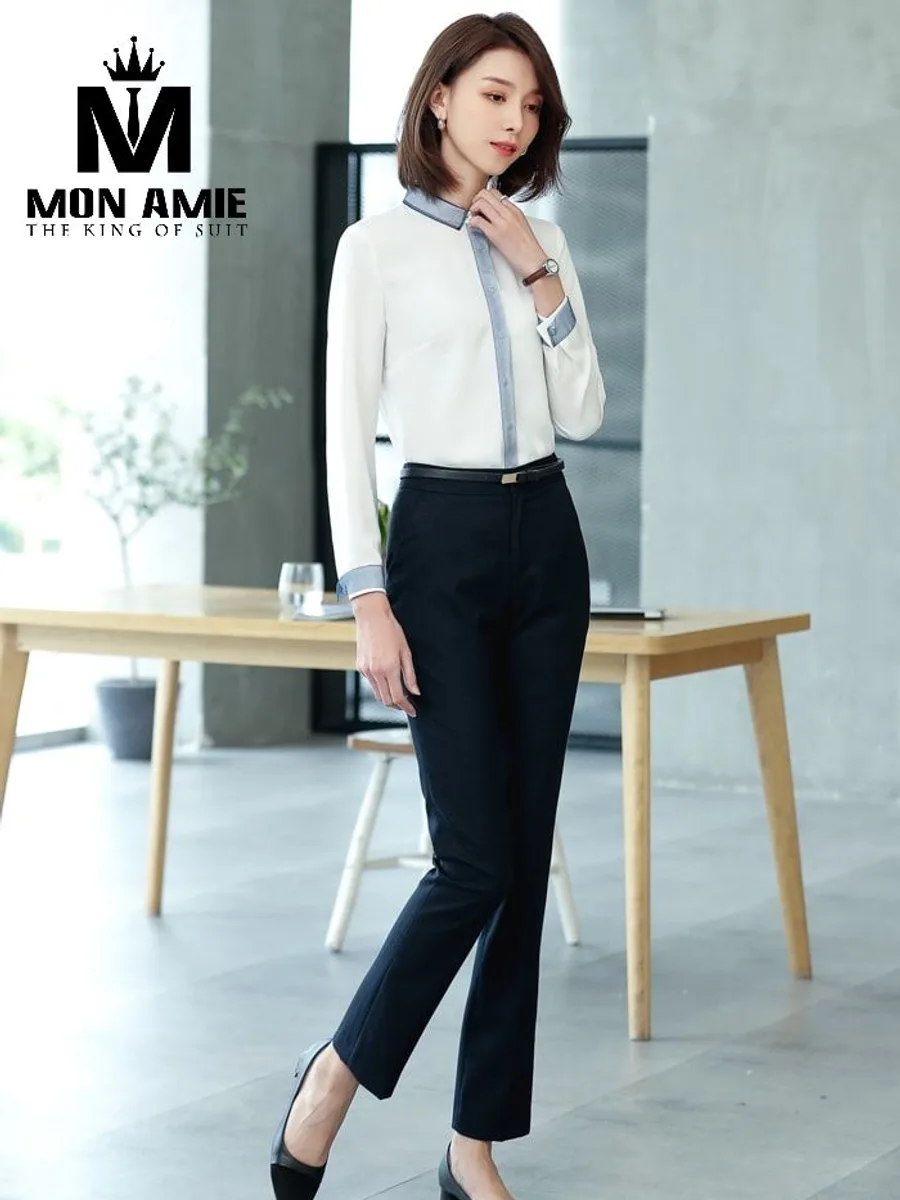White Blouse with Grey-Blue Trim