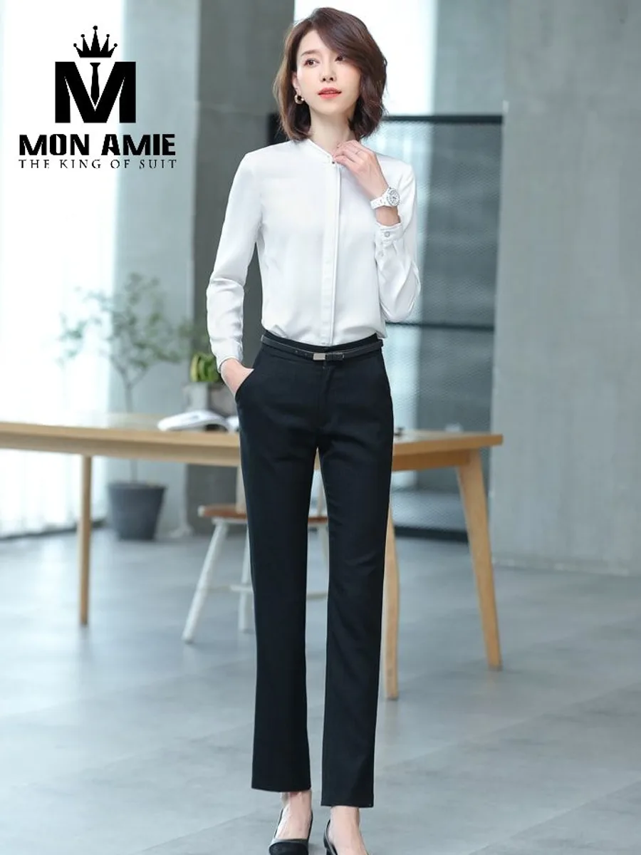 White Mandarin-Collar Satin-Finish Blouse