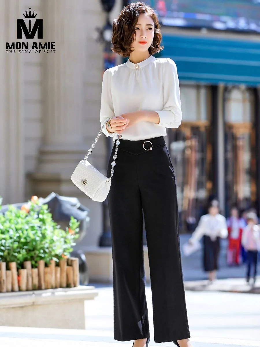 White Mandarin-Collar Blouse with Pearl Button