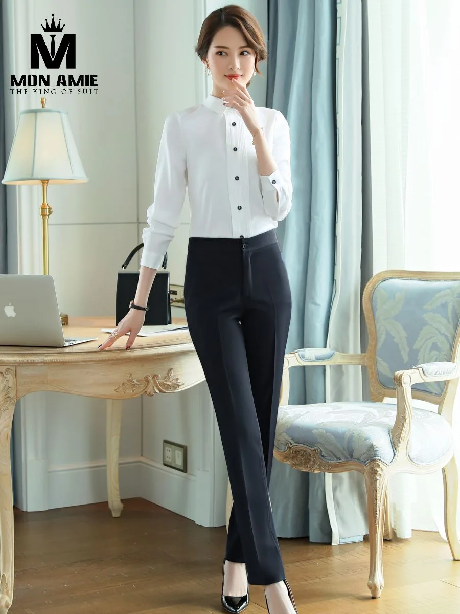 White Pleated-Placket Shirt with Black Buttons