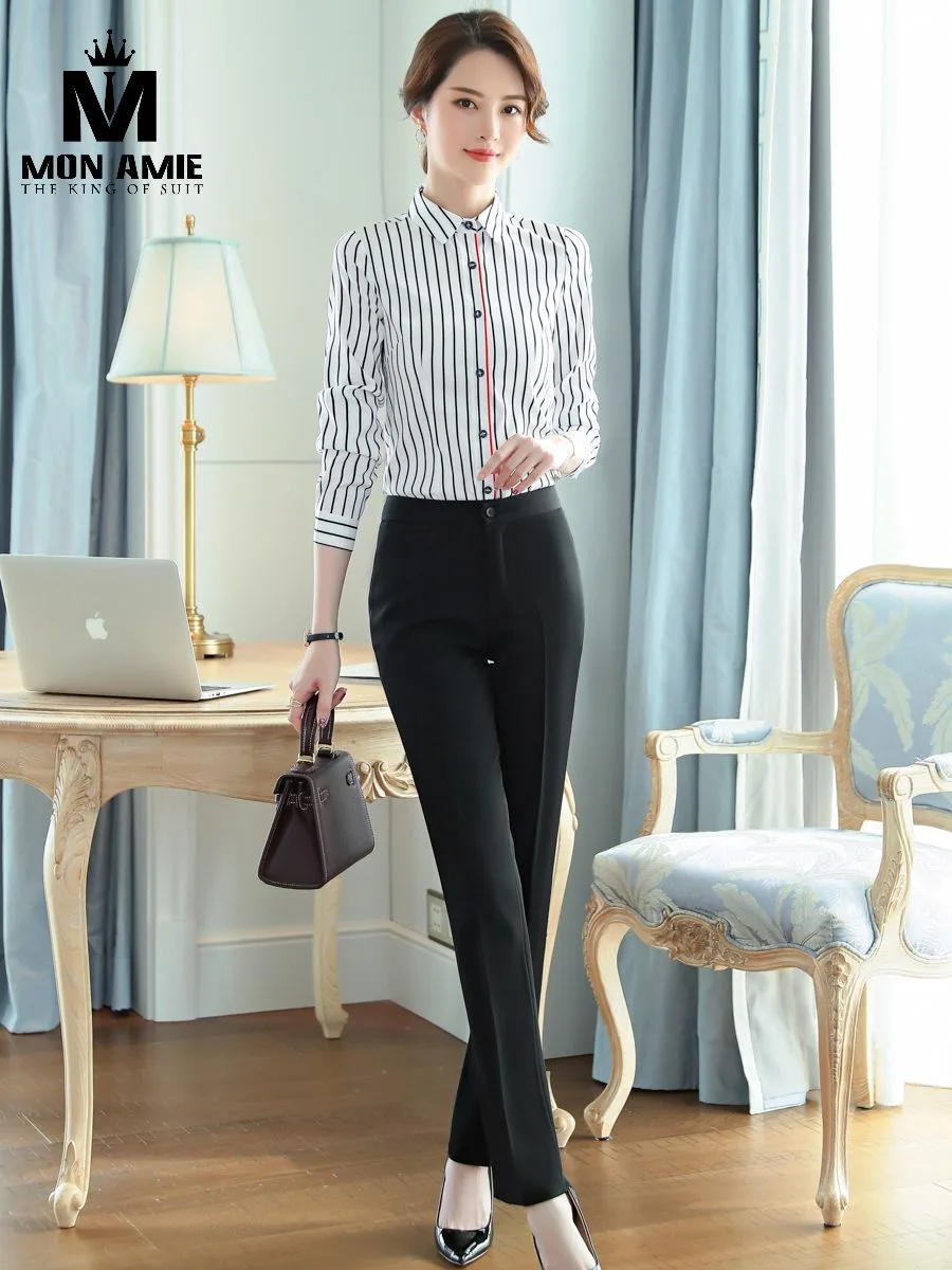 Black and White Striped Shirt with Red Placket Piping