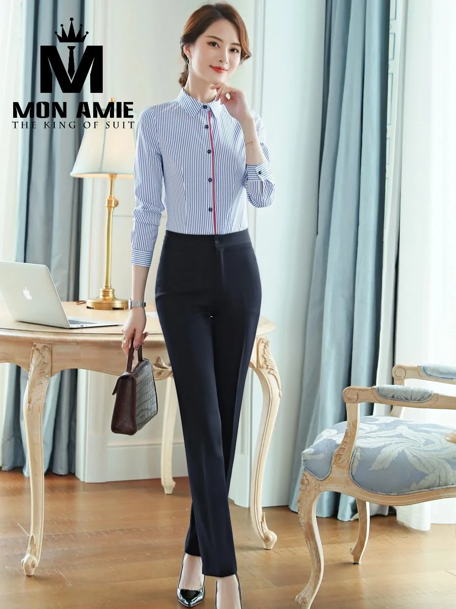 Light Blue Pinstripe Shirt with Berry Placket Piping