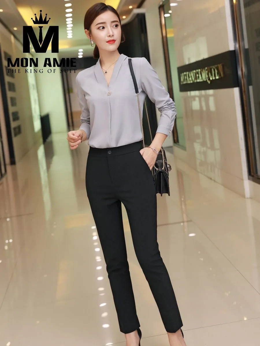 Ash Grey V-Neck Blouse with Single Button