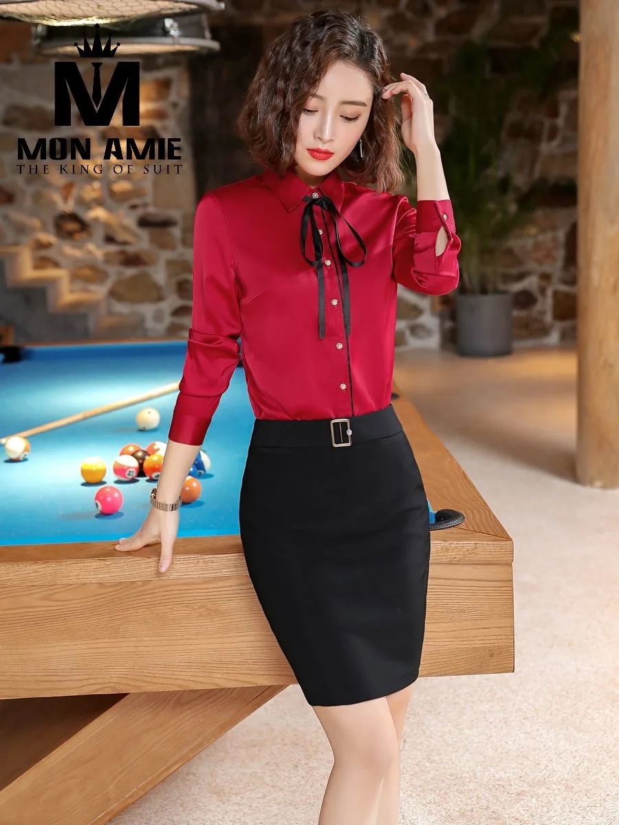 Burgundy Red Shirt with Black Ribbon Bow
