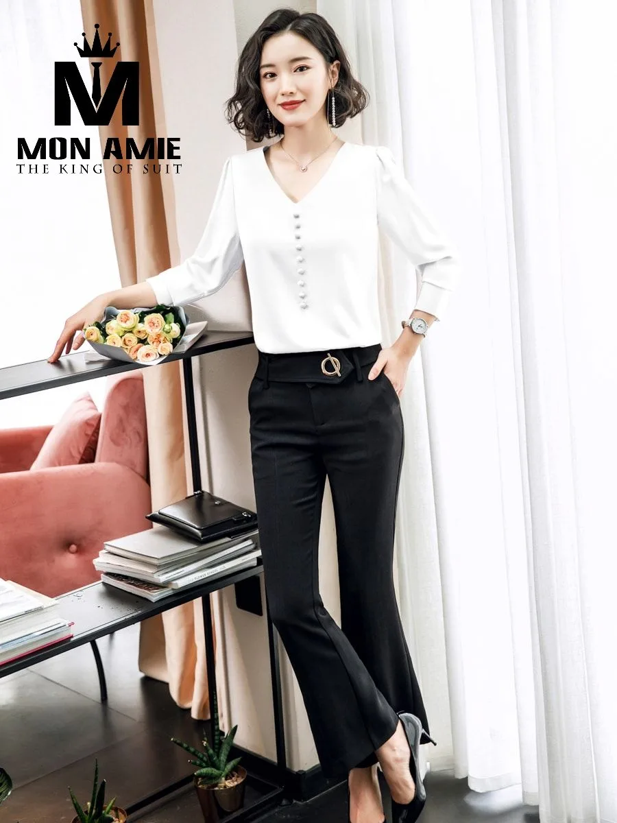 White V-Neck Blouse with Pearl Button Row