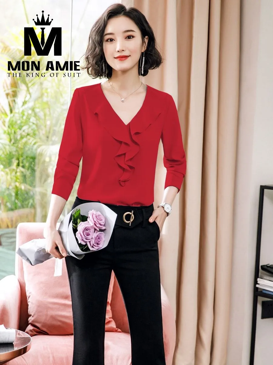 Red V-Neck Ruffle Blouse