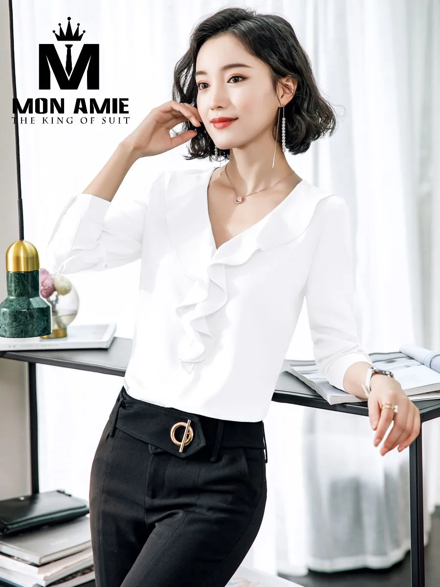 White V-Neck Ruffle Blouse
