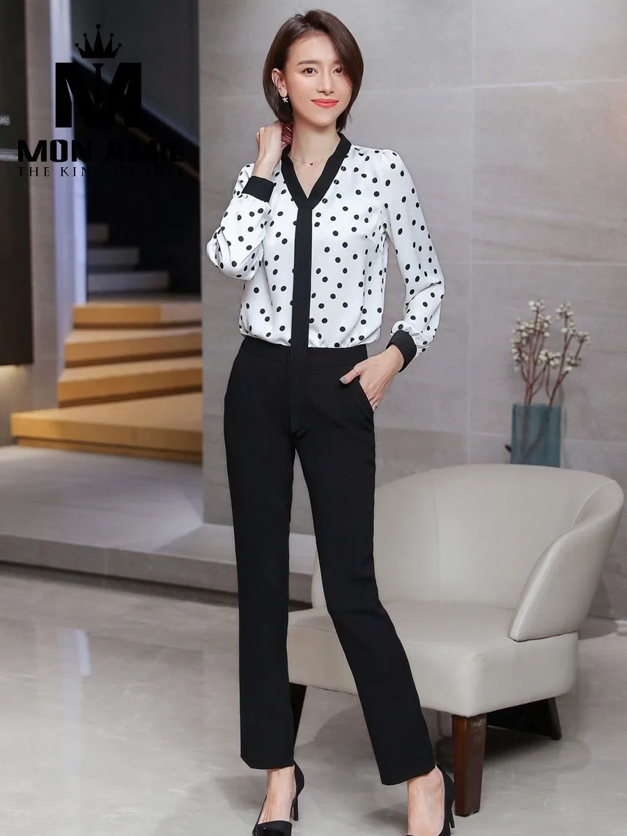 White Polka Dot Shirt with Black V-Trim