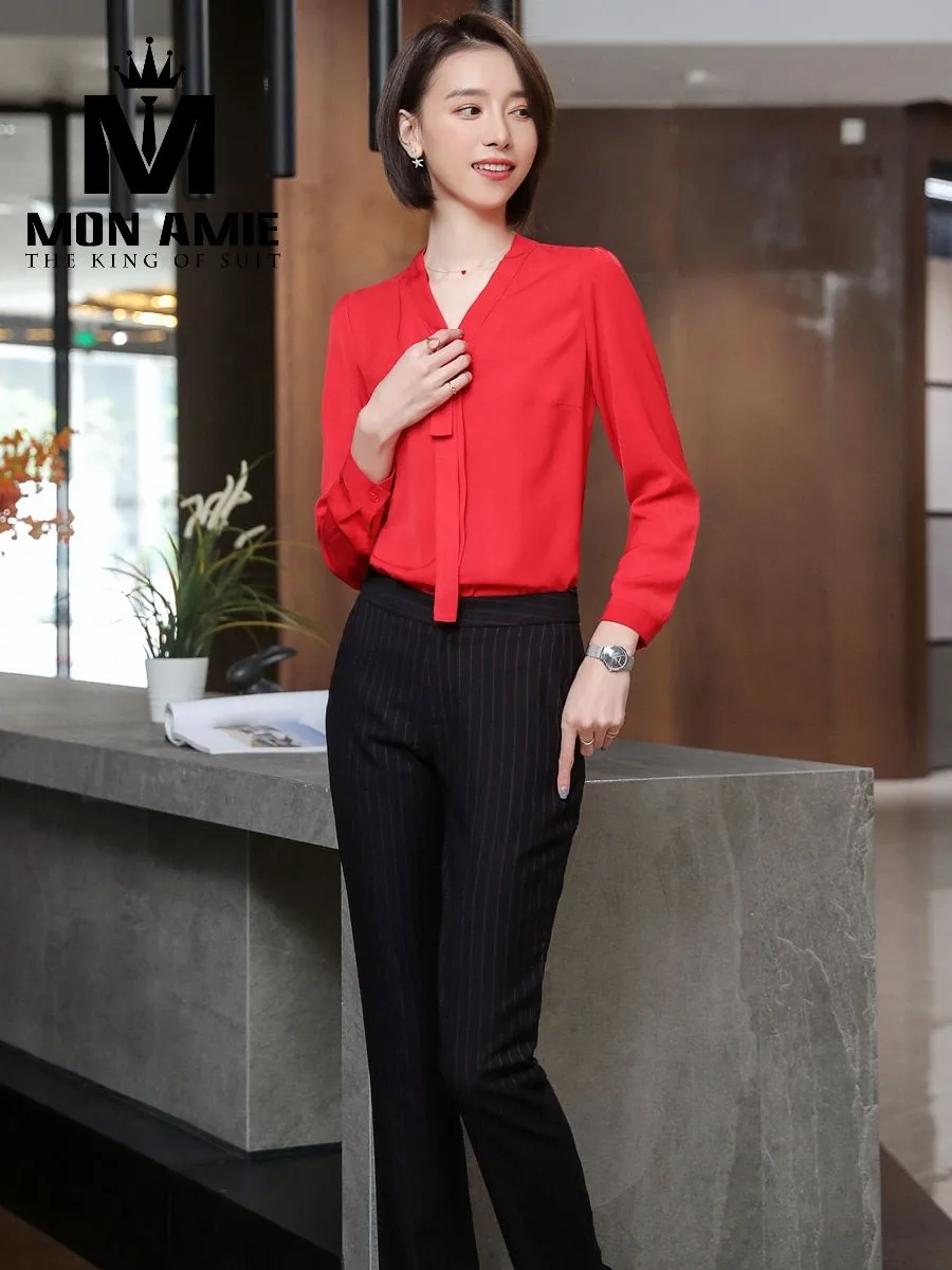 Red V-Neck Blouse with Tie Ribbon