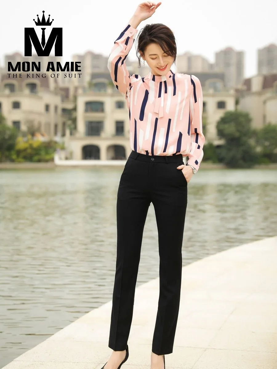Blush Pink Navy Stroke-Print Bow-Neck Shirt