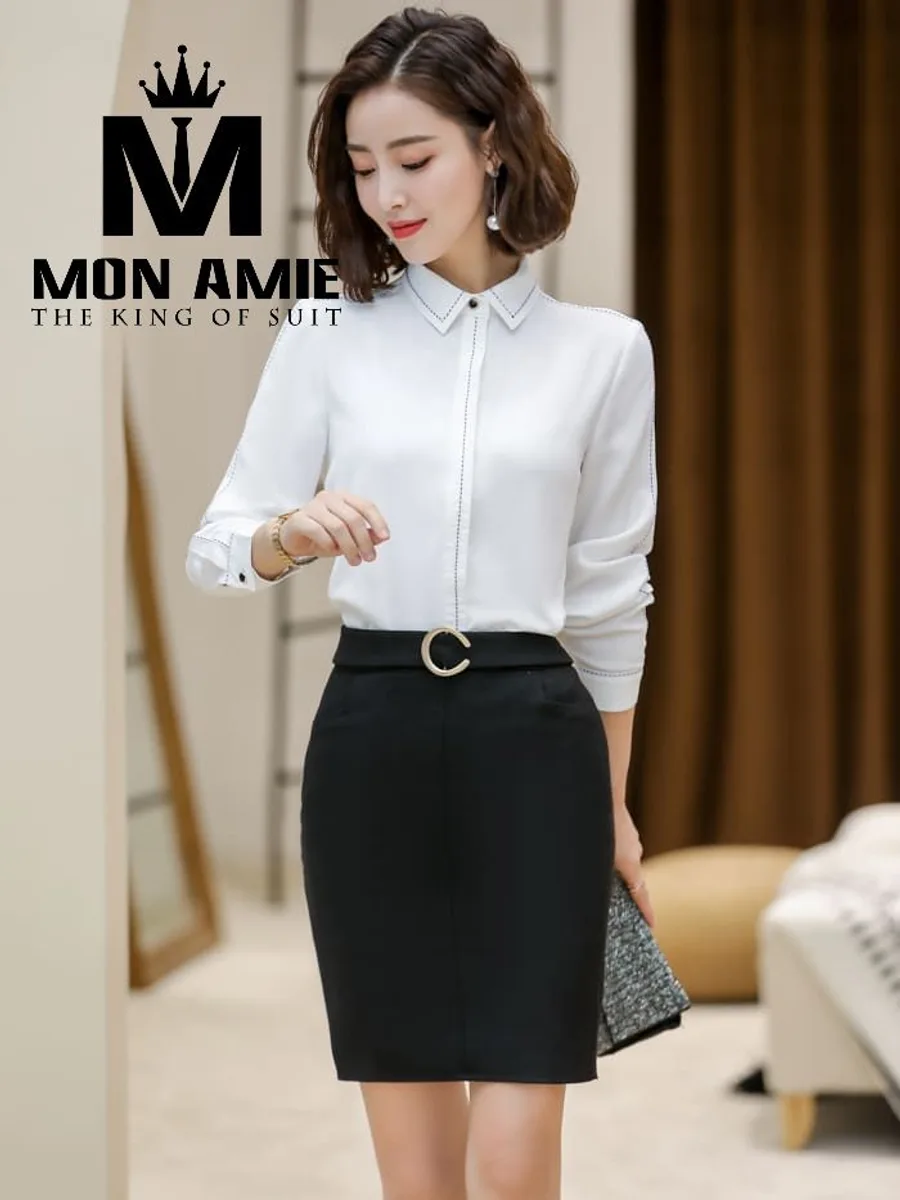 White Shirt with Black Contrast Topstitching