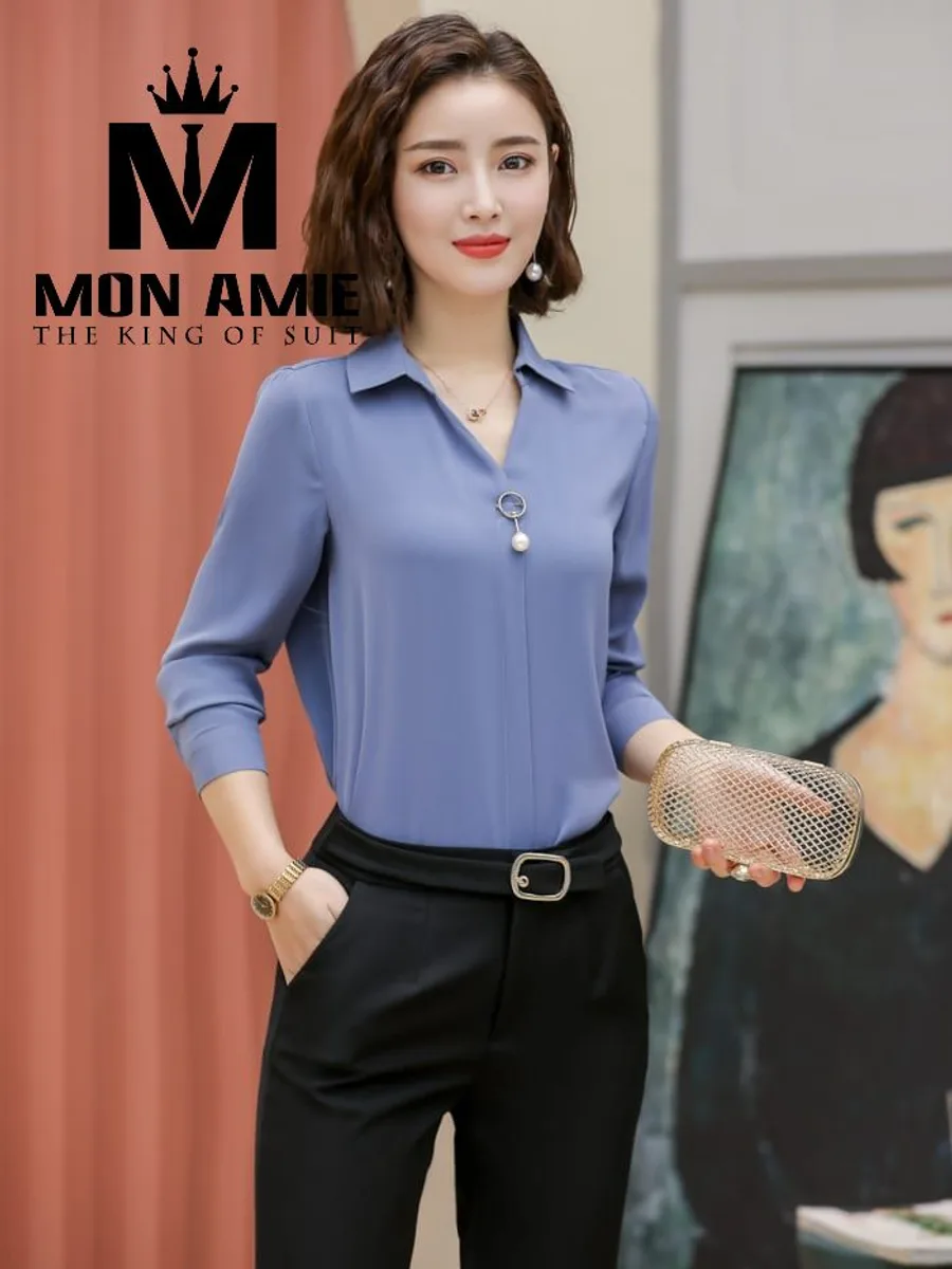 Cornflower Blue V-Neck Shirt with Pearl Ring