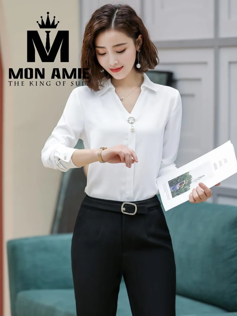 White Satin V-Neck Shirt with Pearl Detail