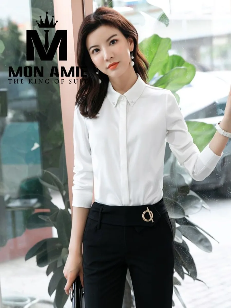 White Hidden-Placket Shirt with Jewelled Collar
