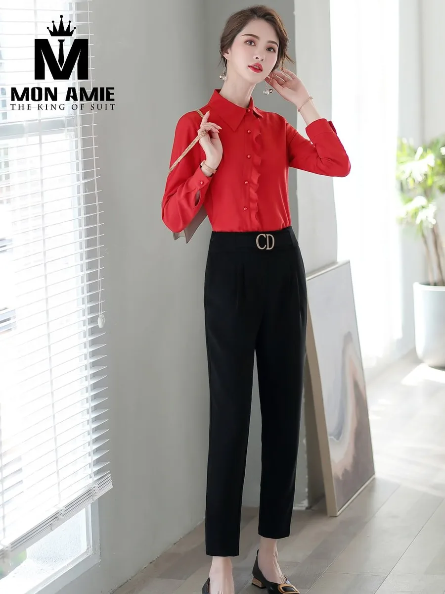 Bright Red Ruffle-Placket Shirt with Pearl Buttons